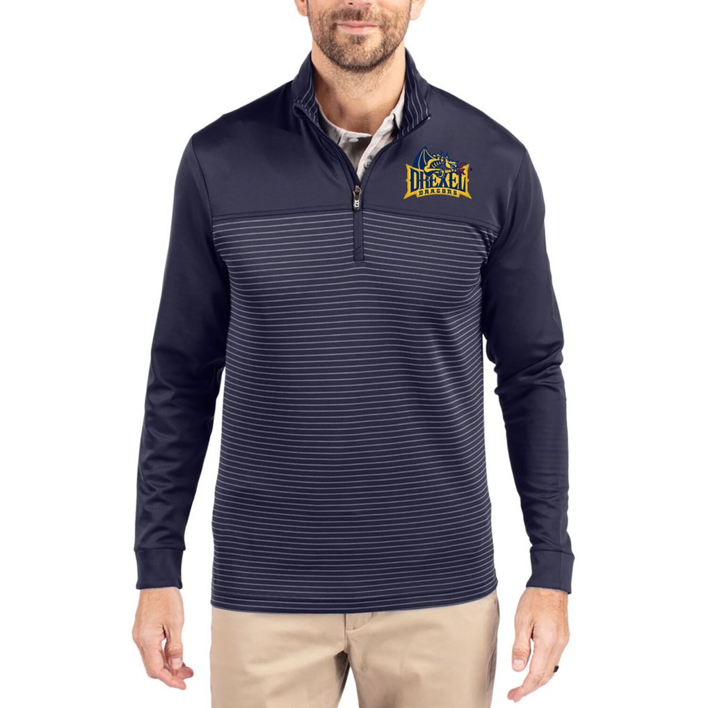  Drexel Dragons Cutter & Buck Traverse Stretch Eco Stripe DryTec Tri-Blend Quarter-Zip Pullover - Navy